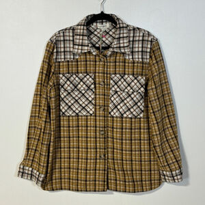 Umgee Plaid Button Down Shacket Women’s Medium Yellow Black Mustard Pockets NWT